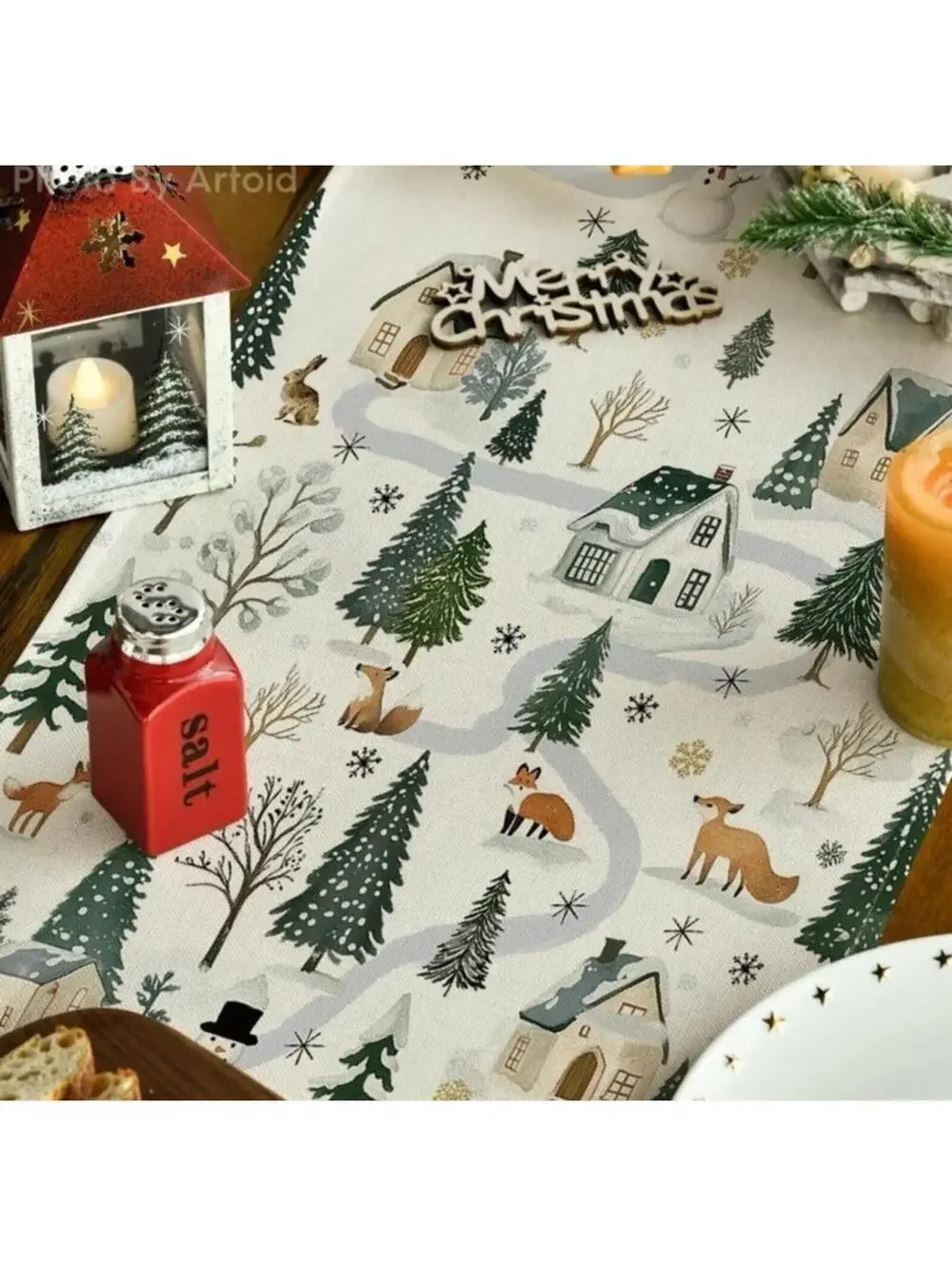Winter Wonderland Table Runner 13x90 Inch Forest Animals Snowman Holiday Decor